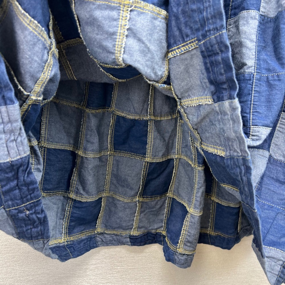 Handmade Patchwork Denim Midi Skirt Womens Large Dark Light Wash Elastic Waist - Picture 6 of 6